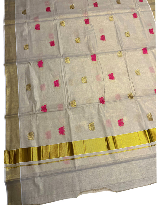 Southloom Kerala Tissue Kasavu Plain Saree with Pink Lotus Embroidery Works