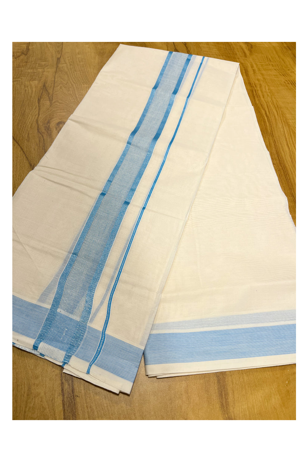Pure Cotton Mundu with Blue Lines and Blue Border (South Indian Kerala Dhoti)