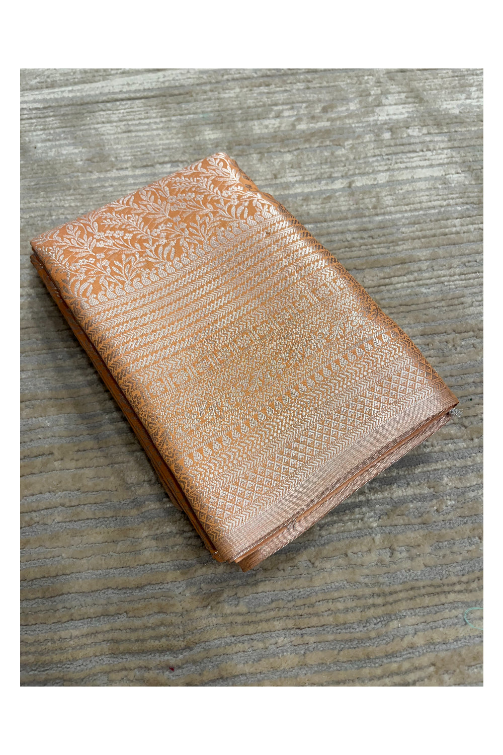 Southloom Banarasi Silver Zari Brocade Work Silk Saree in Orange Pastel Shade