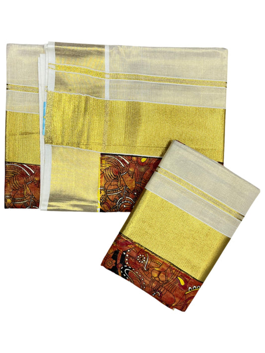 Southloom Tissue Single Set Mundu (Mundu Neriyathum) With Mural Digital Print in 2.80 Mtrs