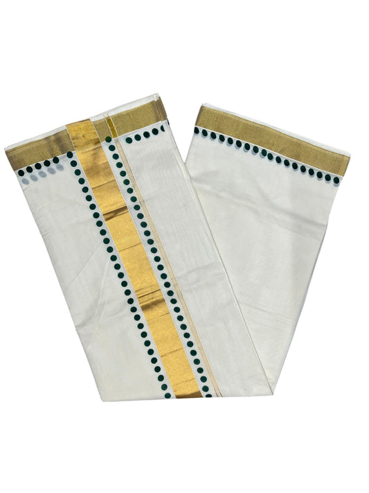 Southloom Cotton Kerala Kasavu Saree with Green Polk Dots Design Border