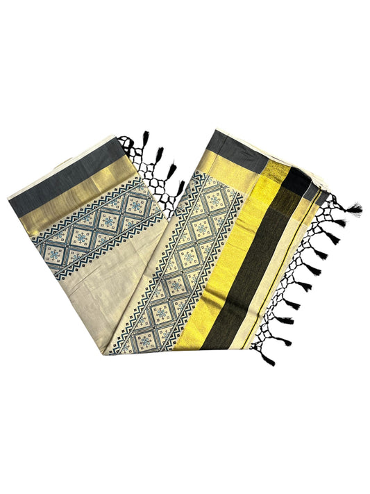 Southloom Kerala Tissue Kasavu Saree Black Hand Printed