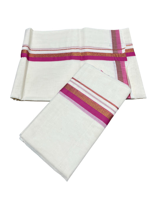 Pure Cotton Kerala Single Set Mundu (Mundum Neriyathum) with Pink Kasavu Border