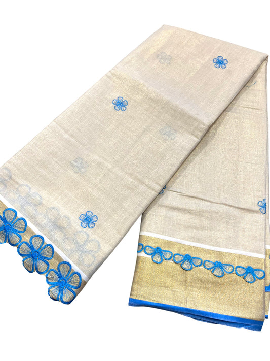 Southloom Kerala Tissue Kasavu Saree with Blue Floral Embroidery on Body and Border