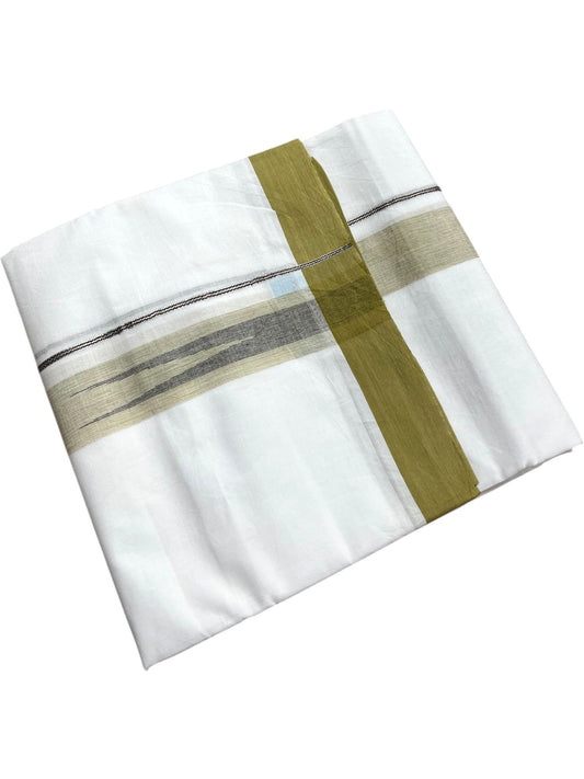 Southloom Pure White Cotton Mundu with Olive Green Border (South Indian Kerala Dhoti)
