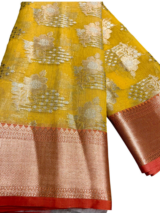 Southloom Tissue Banarasi Silk Saree with Woven Work on Body and Borders (Yellow)