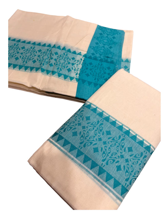 Kerala Cotton Single Set Mundu (Mundum Neriyathum) with Blue Temple Block printed Border 2.80 mtr