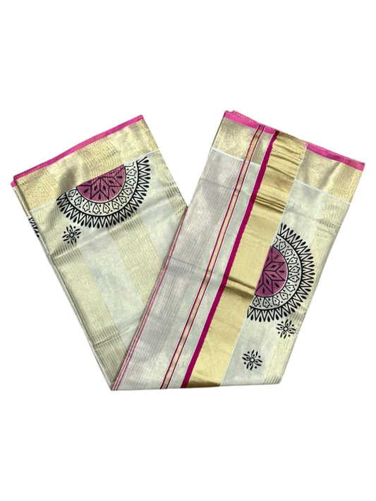 Southloom Tissue Kerala Kasavu Saree with Block Print on Body and Borders in Pink
