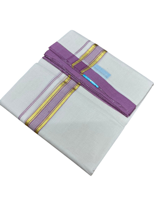 Southloom Balaramapuram Premium Handloom Cotton Double Mundu with Gold Kasavu and Pink Border