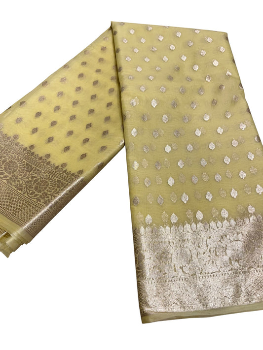 Southloom Cotton Banarasi Silk Saree with Woven Work on Body and Borders (Yellow)