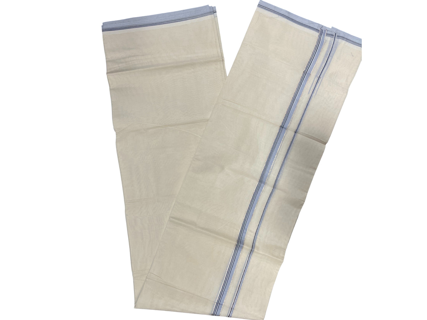 Southloom Pure Cotton Mundu with silver and Light Blue Border (South Indian Kerala Dhoti)