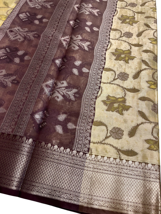 Southloom Tissue Silk Saree with Woven Work on Body and Borders (Yellow & Brown)