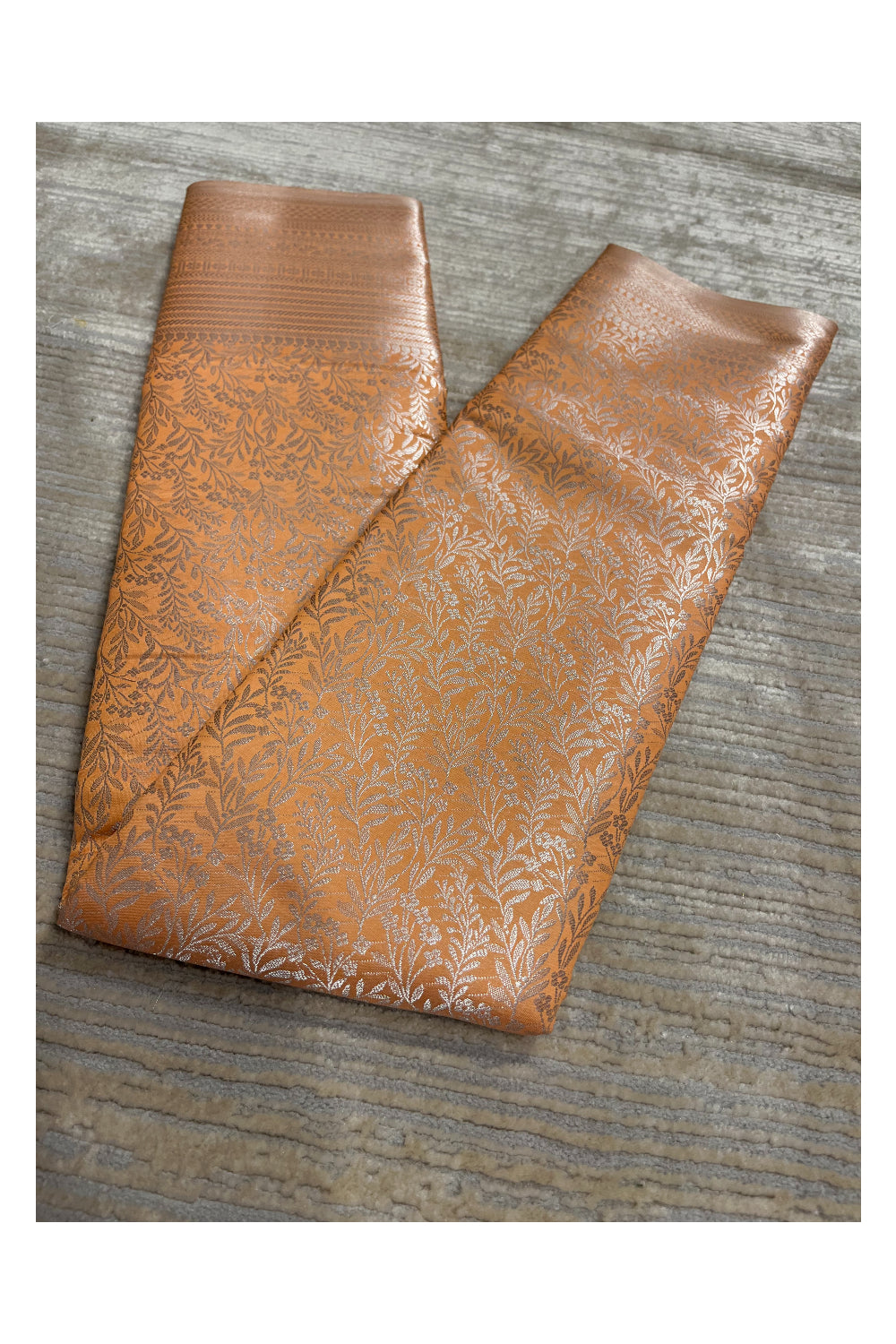 Southloom Banarasi Silver Zari Brocade Work Silk Saree in Orange Pastel Shade