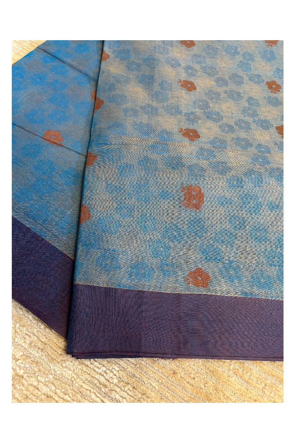 Southloom Kerala Cotton Saree with Floral Woven Works Across Body in Blue