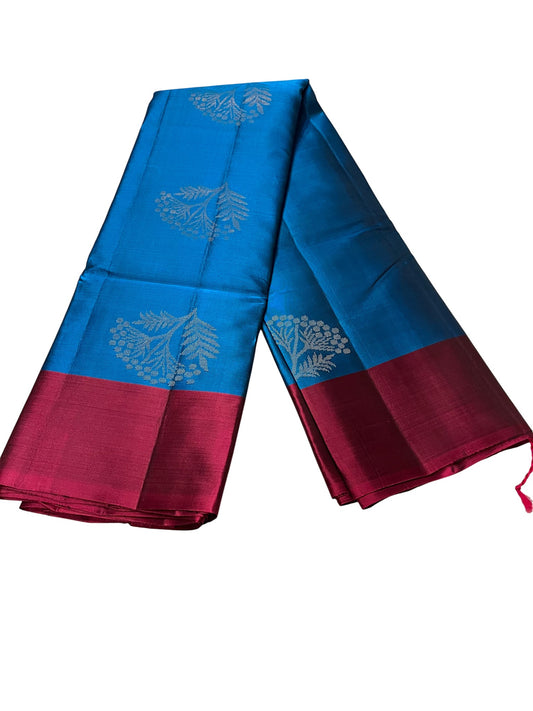 Southloom Pure Handloom Kanchipuram Silk Saree with Butta Work (Blue & Magenta)