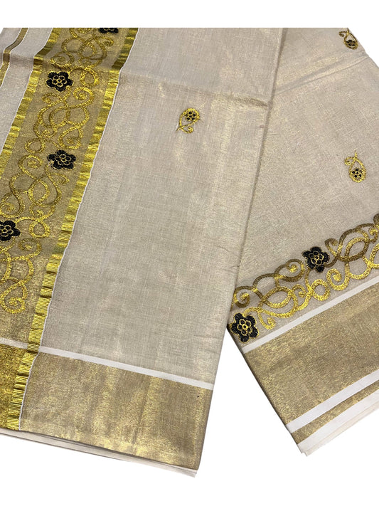 Southloom Kerala Tissue Kasavu Saree with Golden Embroidery Work on Body