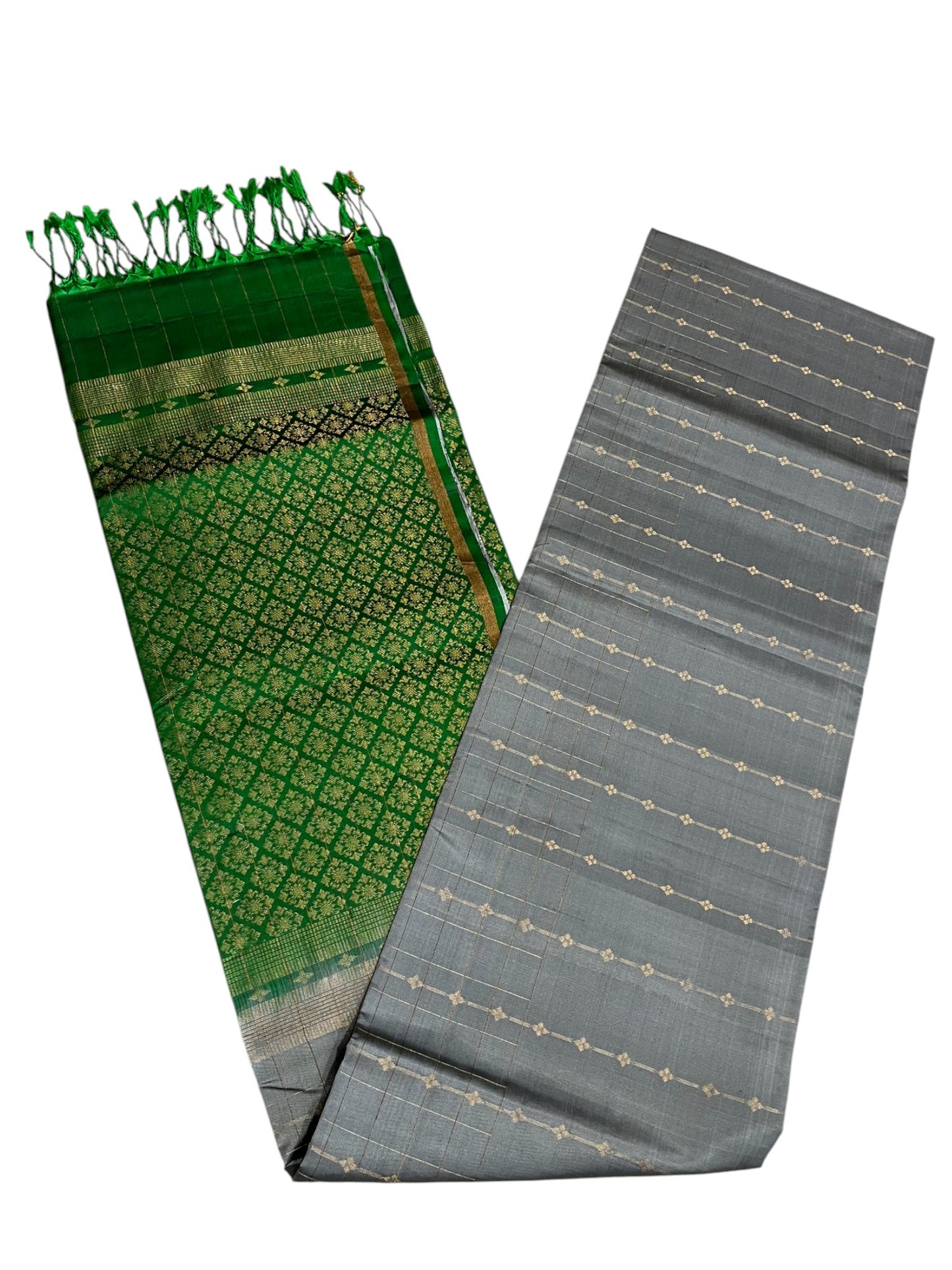 Southloom Pure Handloom Kanchipuram Silk Saree with Korvai Work (Green & Grey)