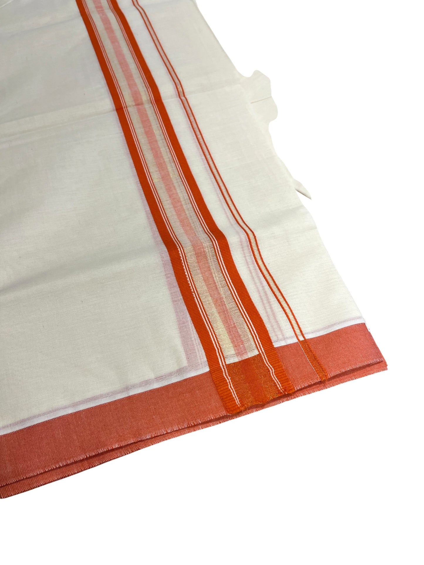 Southloom Kerala Pure Cotton Double Mundu with Gold Lines & Orange Border (South Indian Dhoti)