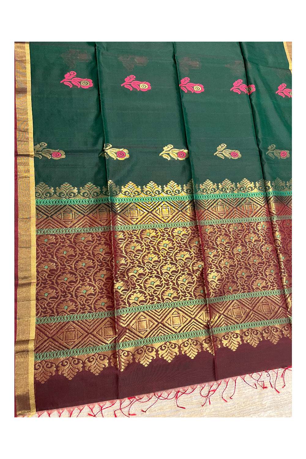 Southloom Pure Handloom Cotton Silk Saree With Handwoven Work Across Body and Blouse in Green And Maroon