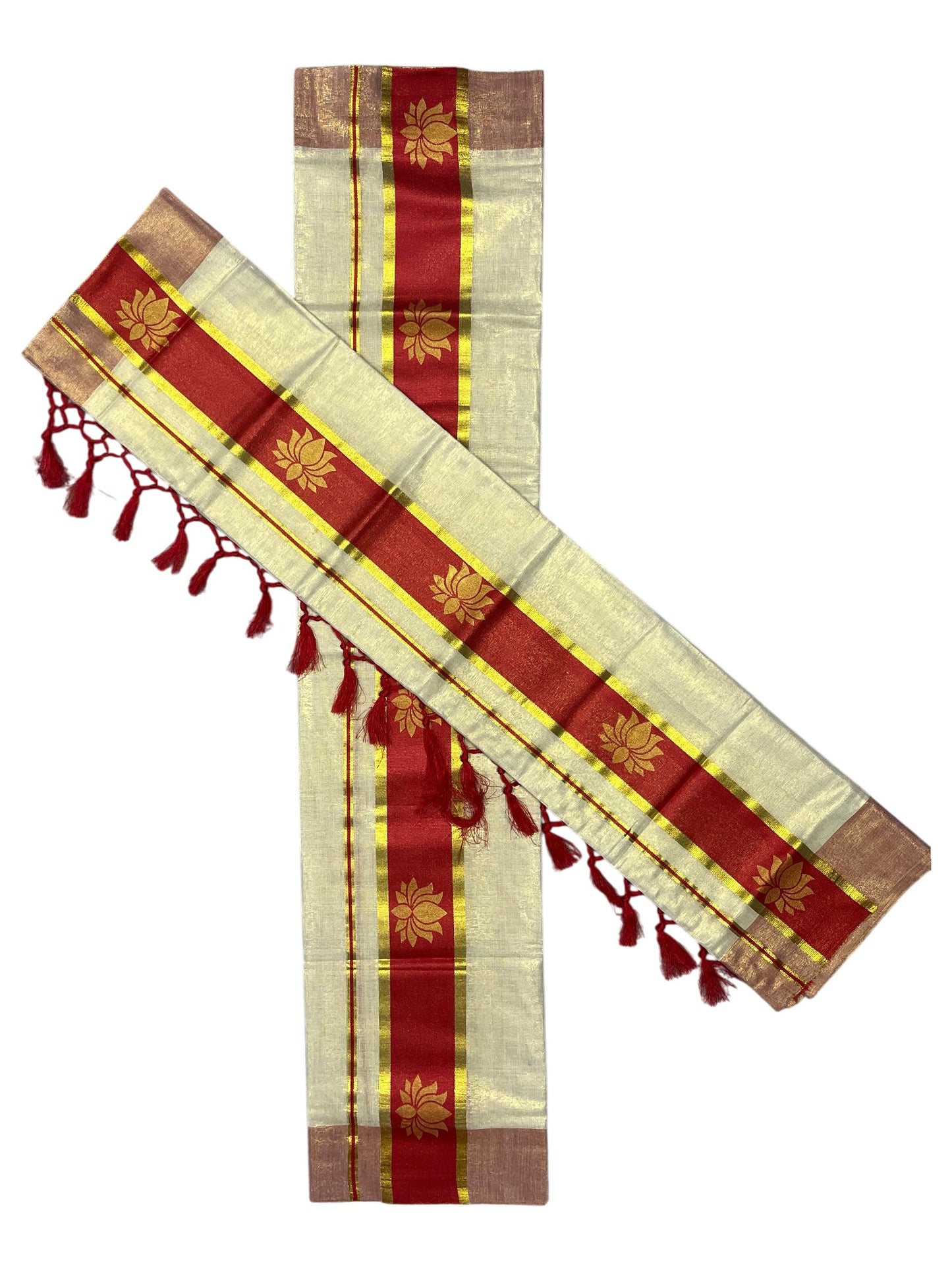 Southloom Kerala Cotton Kasavu Single Set Mundu (Mundum Neriyathum) with Lotus Design in Red