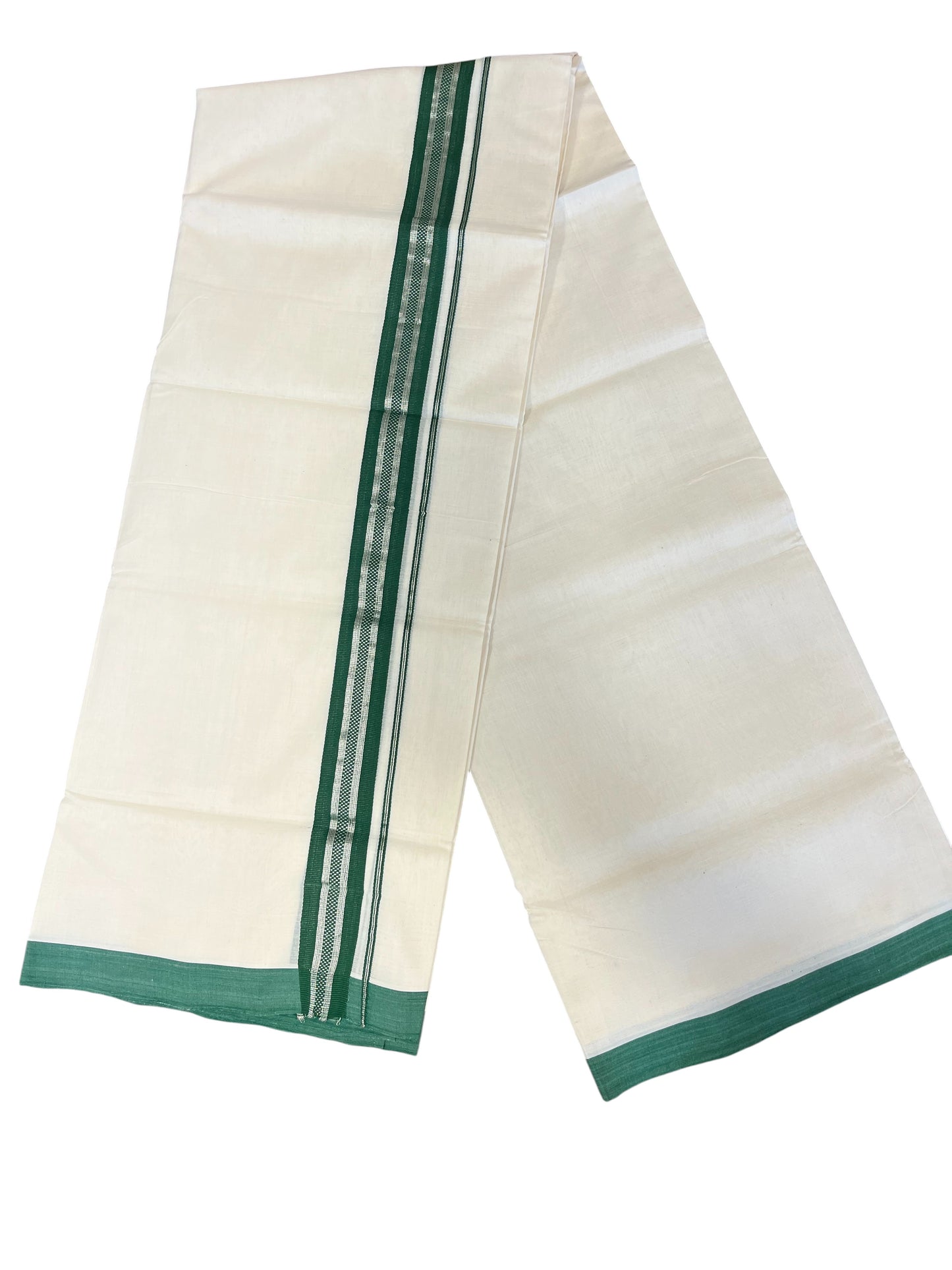 Southloom Premium Handloom Cotton Double Mundu with Green And Silver Line Border