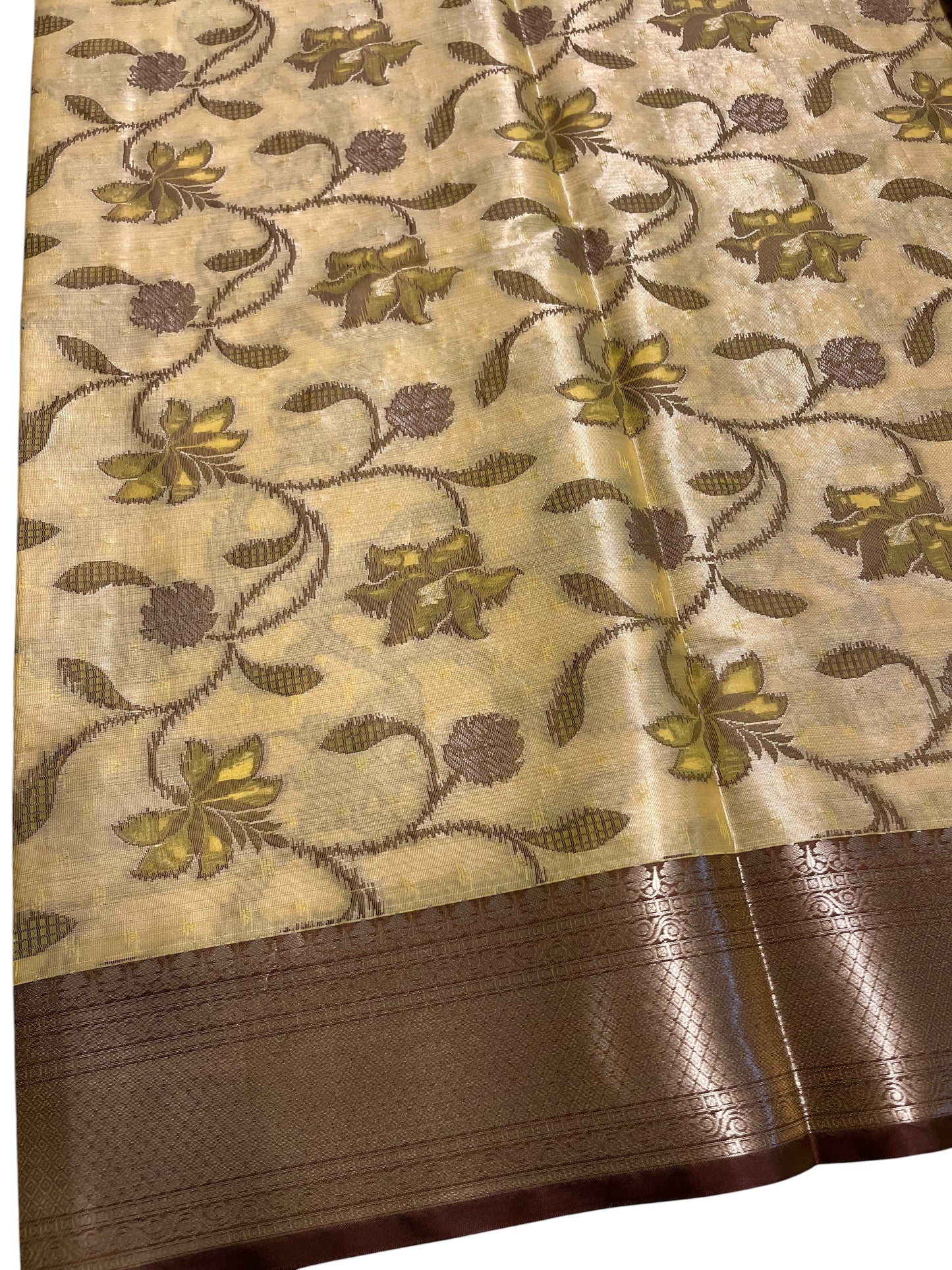 Southloom Tissue Silk Saree with Woven Work on Body and Borders (Yellow & Brown)