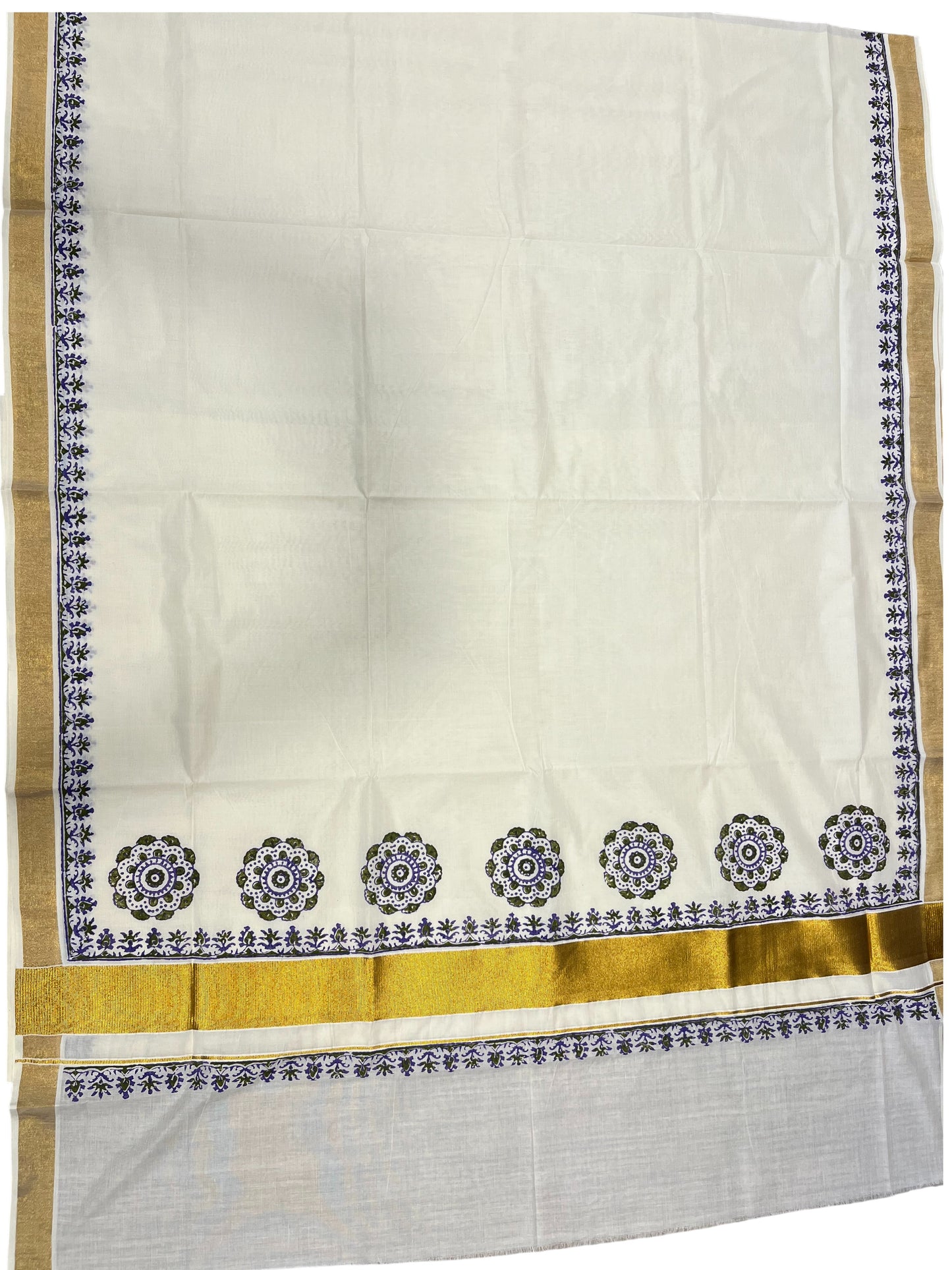 Southloom Cotton Kerala Kasavu Saree with Green and Violet Block Prints On Border
