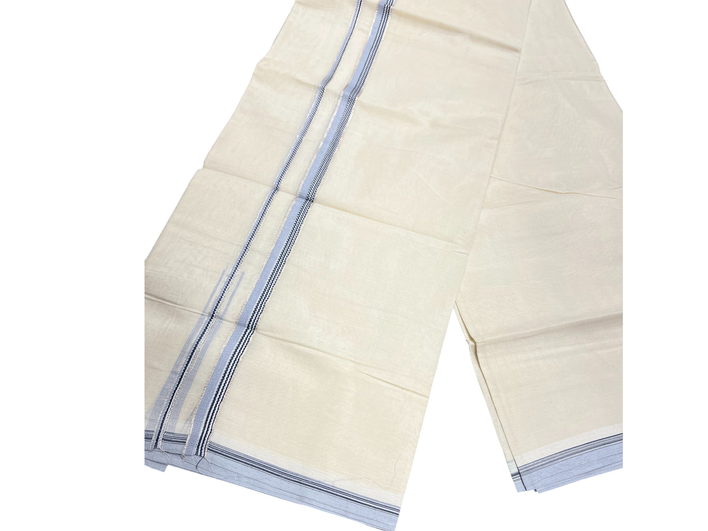 Southloom Pure Cotton Mundu with silver and Light Blue Border (South Indian Kerala Dhoti)