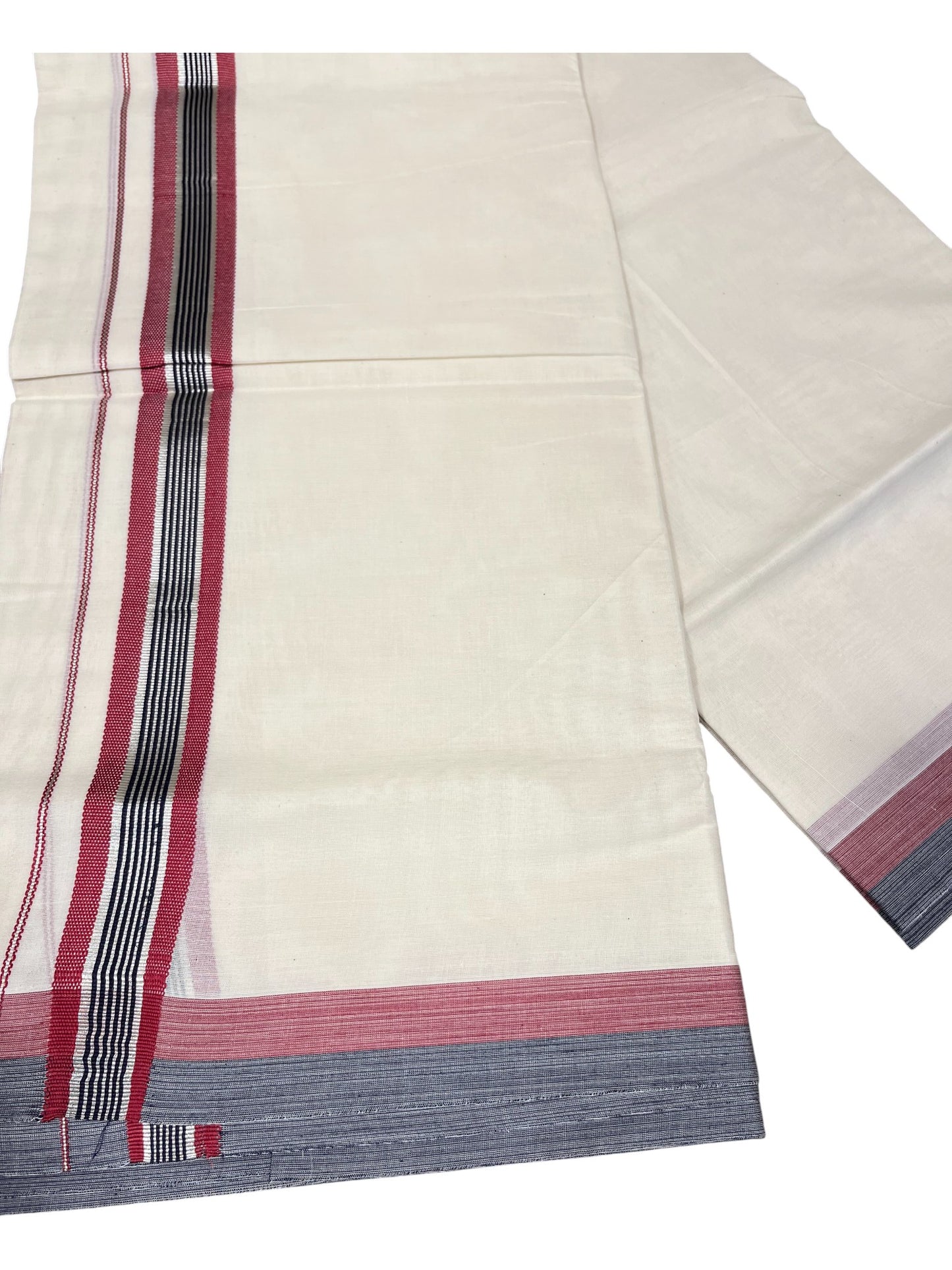 Southloom Kerala Pure Cotton Double Mundu with Grey And Maroon Silver Lines Border (South Indian Dhoti)
