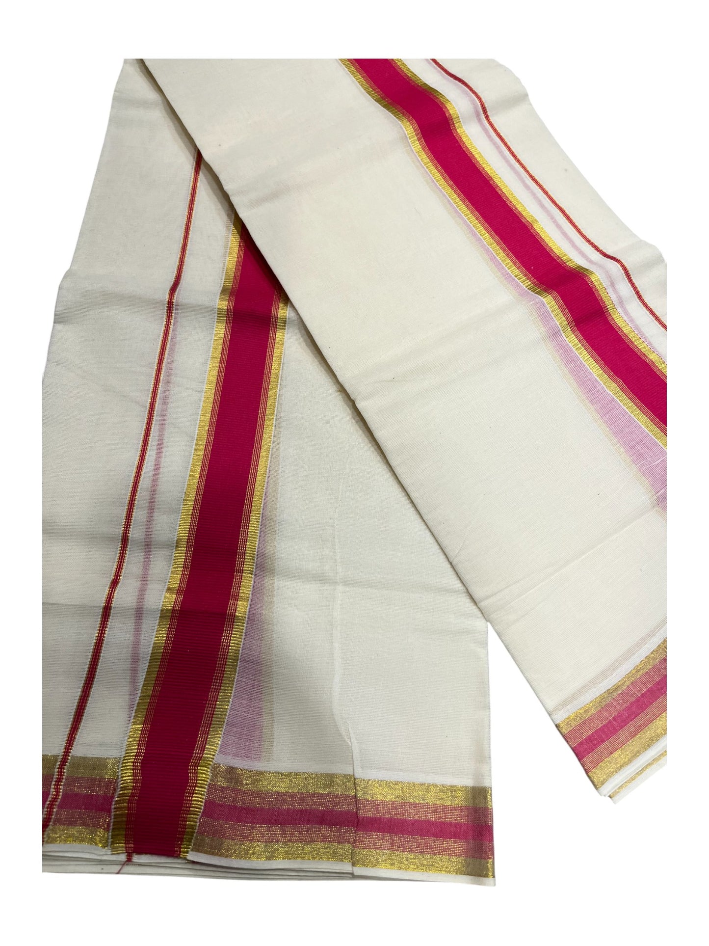 Kerala Cotton Set Mundu (Mundum Neriyathum) with Kasavu and Red Border