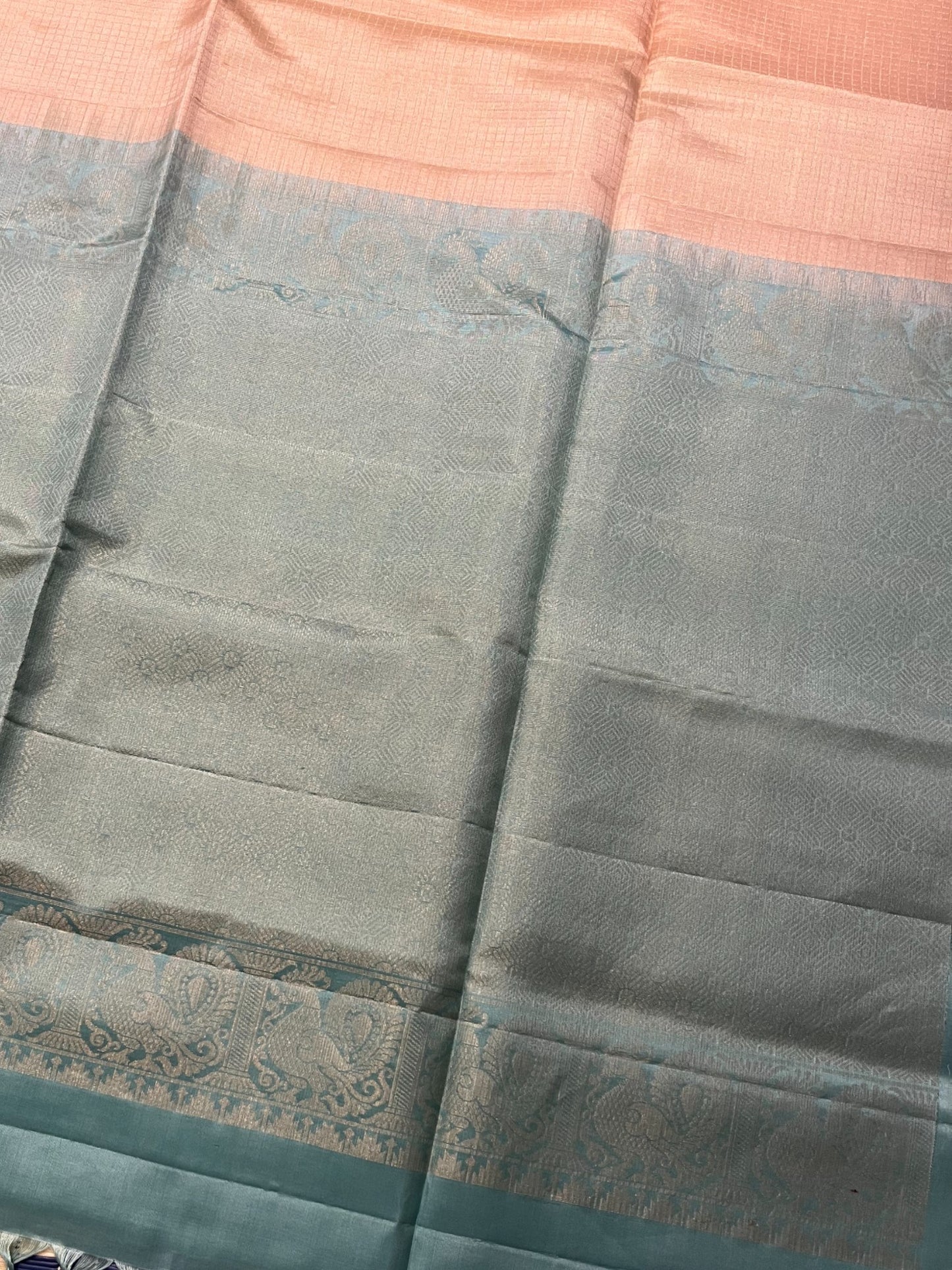Southloom Pure Handloom Bridal Kanchipuram Silk Saree with Korvai Work (Beige & Blue)