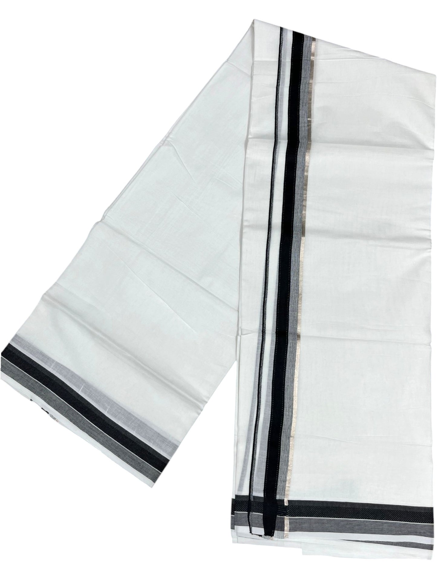 Southloom Pure White Cotton Mundu with Silver Line & Black Border (South Indian Kerala Dhoti)