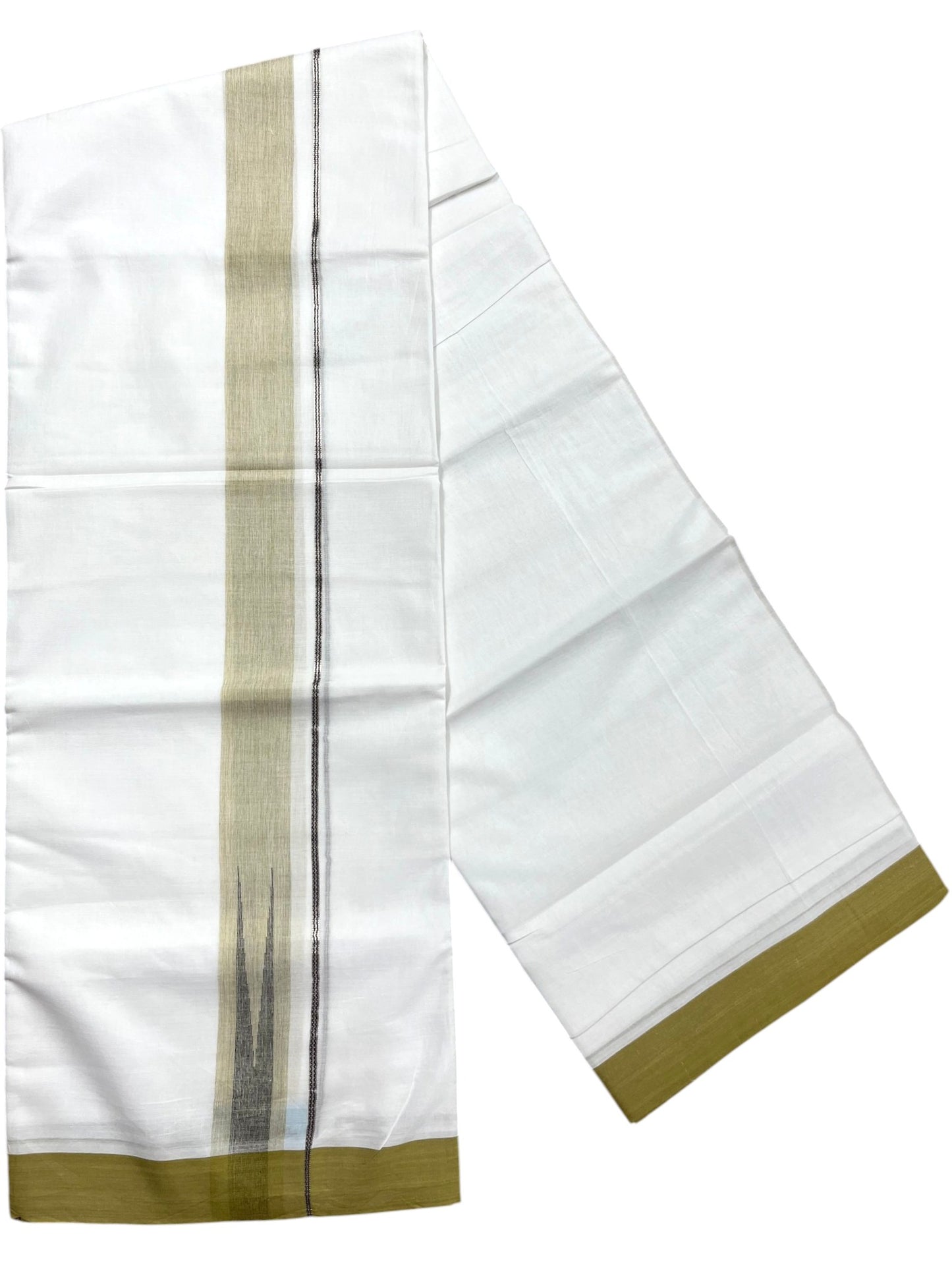 Southloom Pure White Cotton Mundu with Olive Green Border (South Indian Kerala Dhoti)