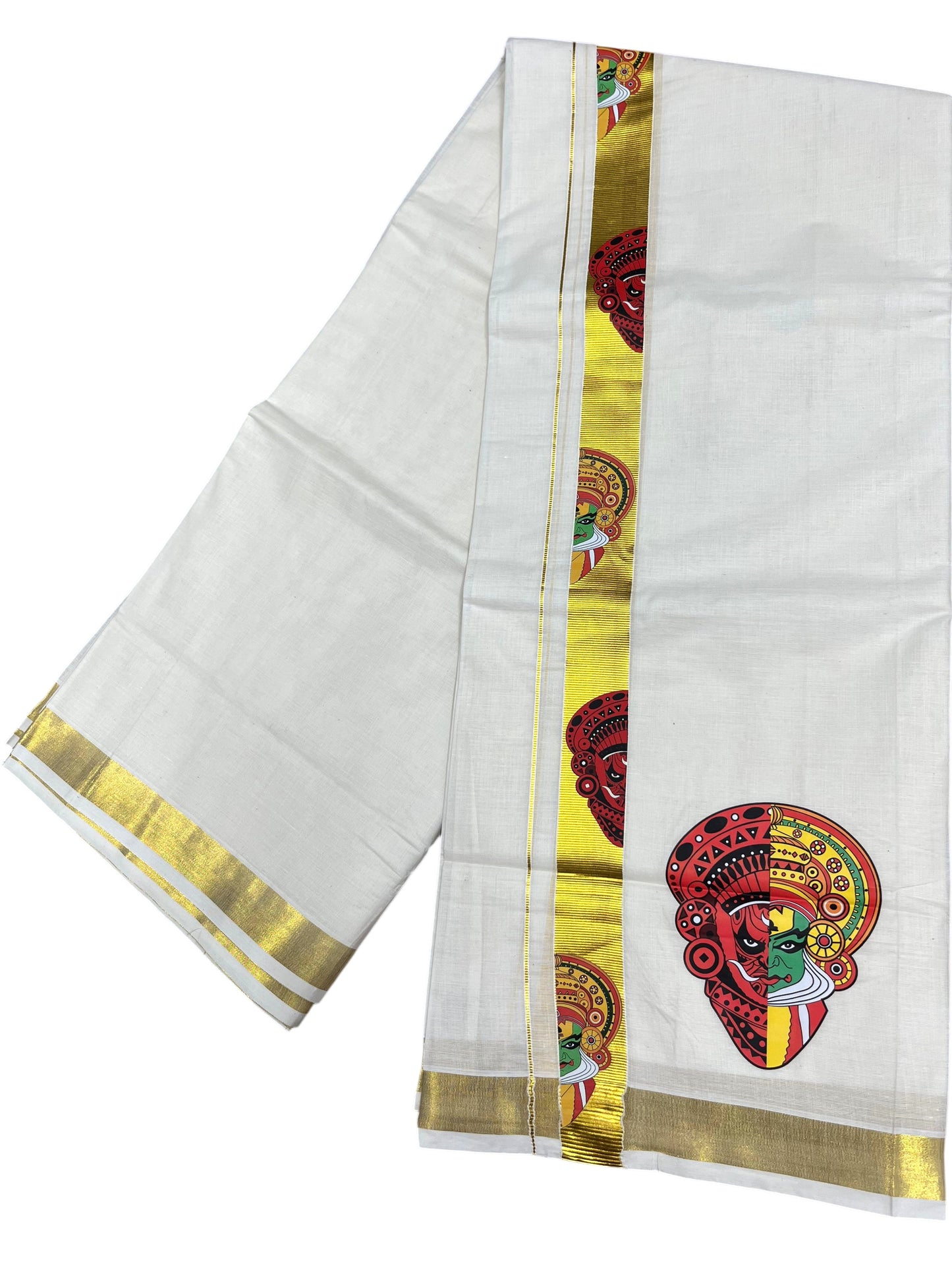 Southloom Kerala Pure Cotton Double Mundu with Kadhakali print and kasavu Border (South Indian Dhoti)