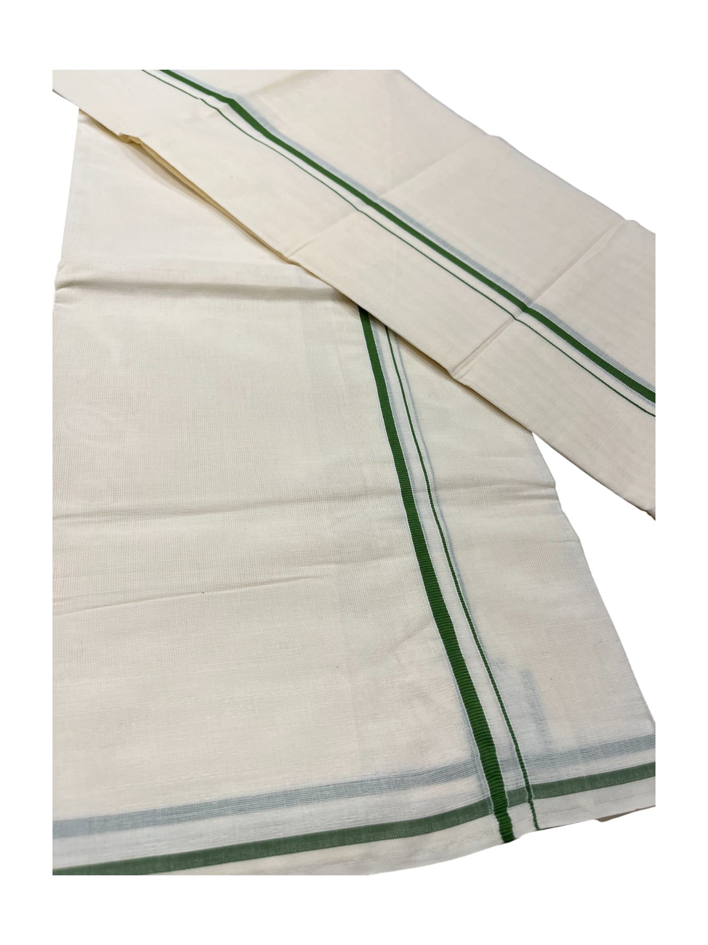 Kerala Cotton Mundum Neriyathum Single (Set Mundu) with Green Puliyilakkara