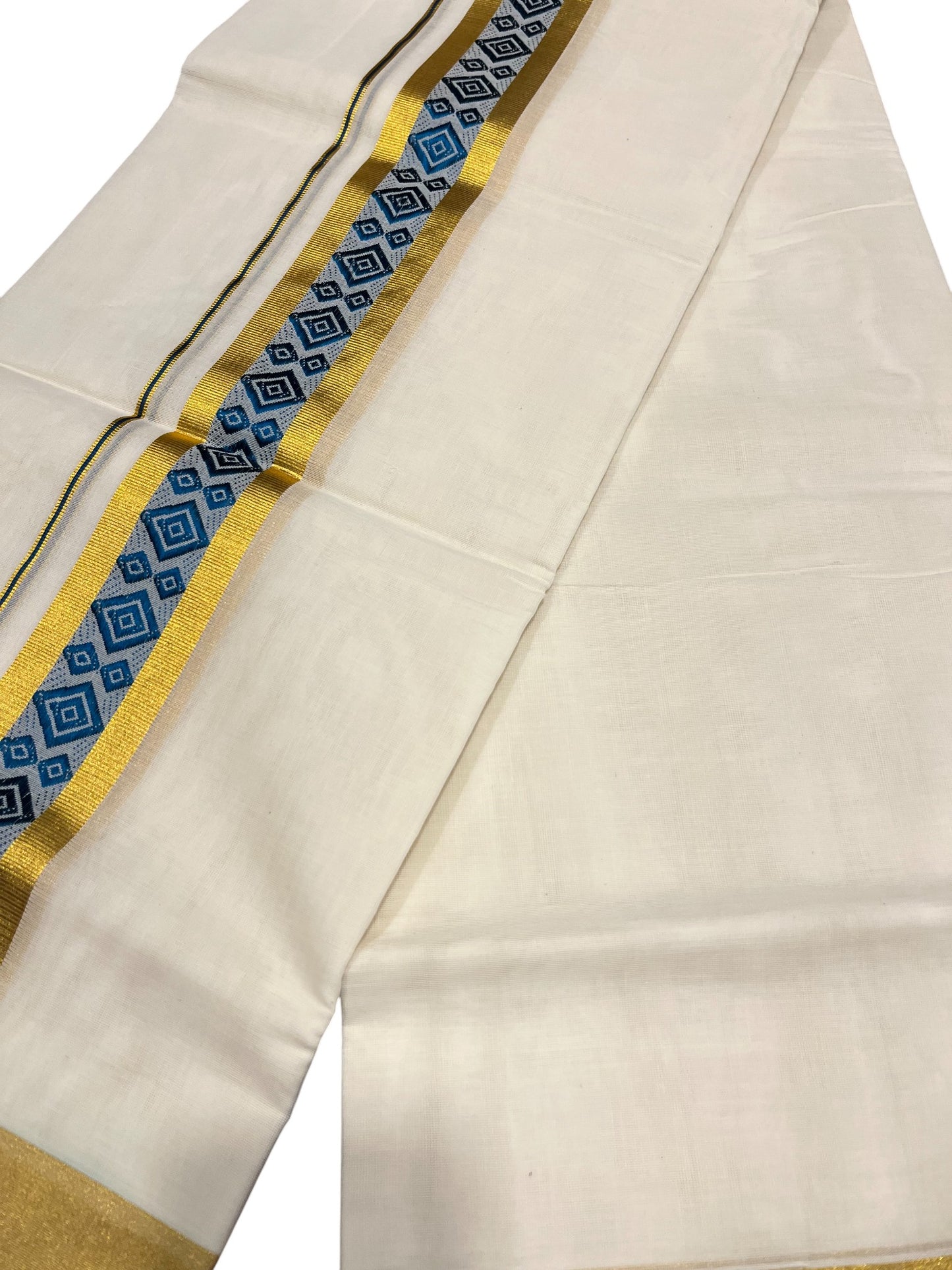 Southloom Premium Handloom Cotton Double Mundu with Gold And Blue Woven Work Kasavu Border