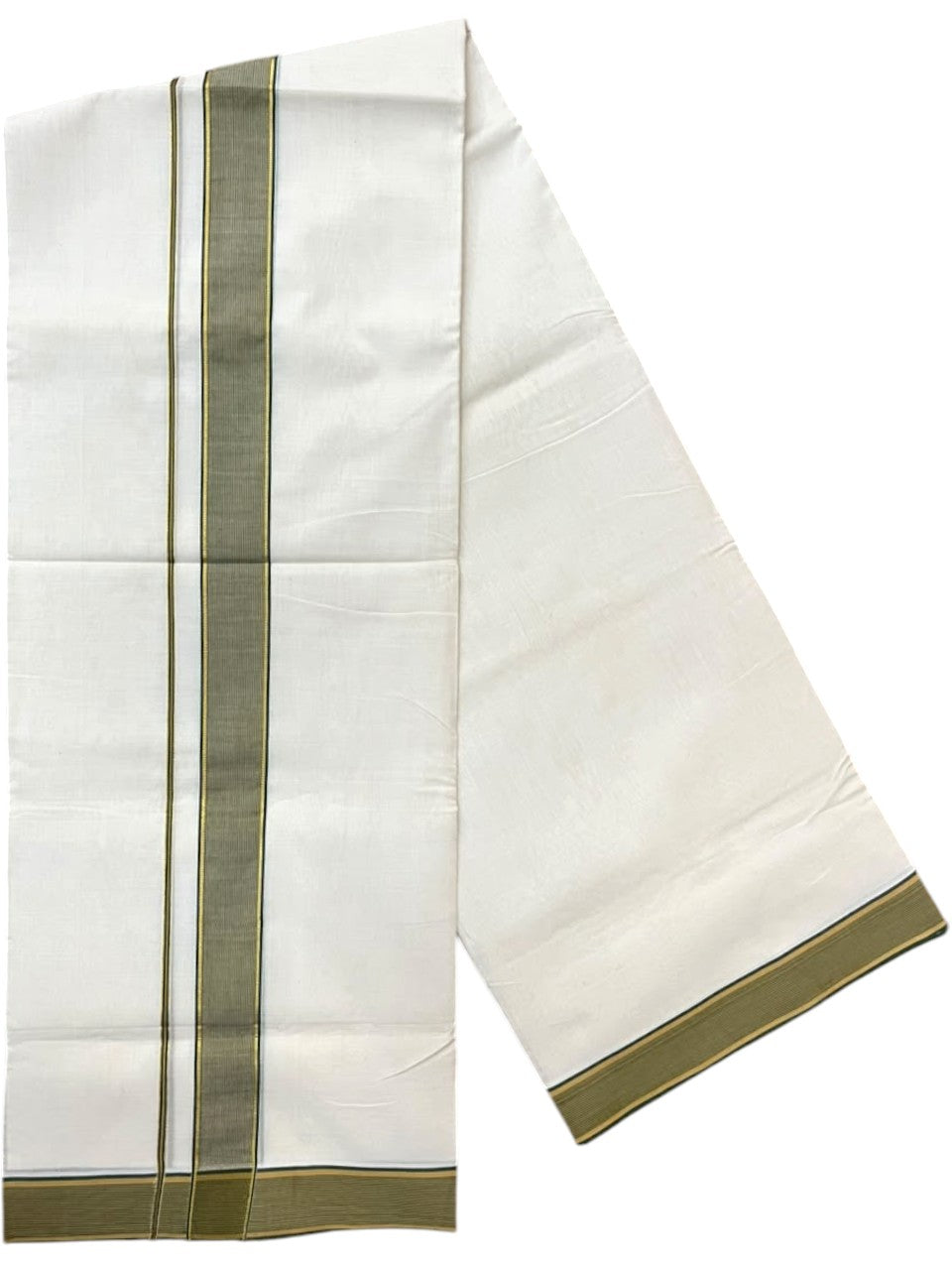 Southloom Balaramapuram Unakkupaavu Premium Handloom Cotton Double Mundu with Gold Kasavu and Green Border