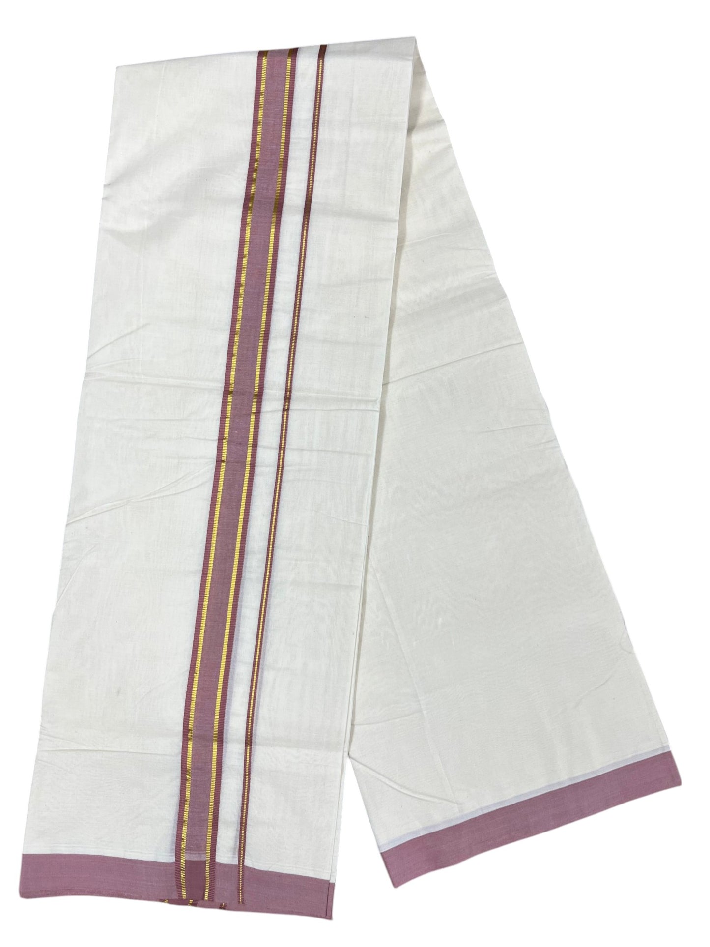 Southloom Pure Cotton Mundu with Gold Lines and Light Brown Border (South Indian Kerala Dhoti)