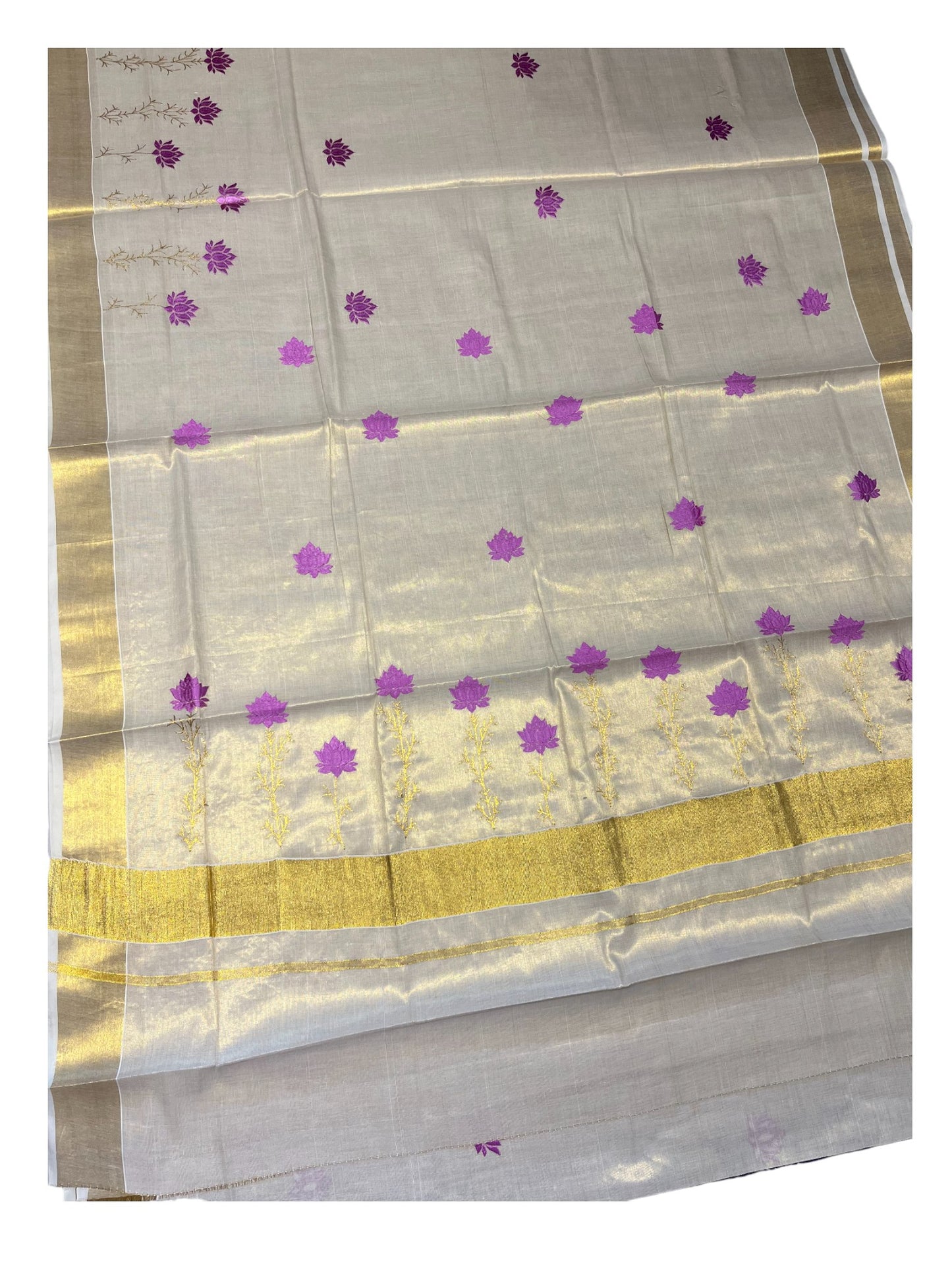 Southloom Kerala Tissue Kasavu Saree with Pink Floral Print on Body and Border