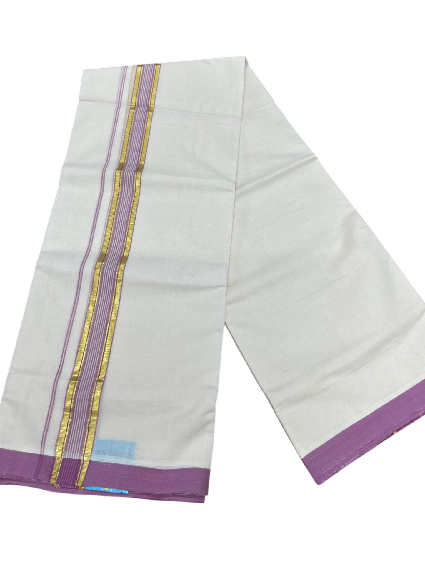 Southloom Balaramapuram Premium Handloom Cotton Double Mundu with Gold Kasavu and Pink Border