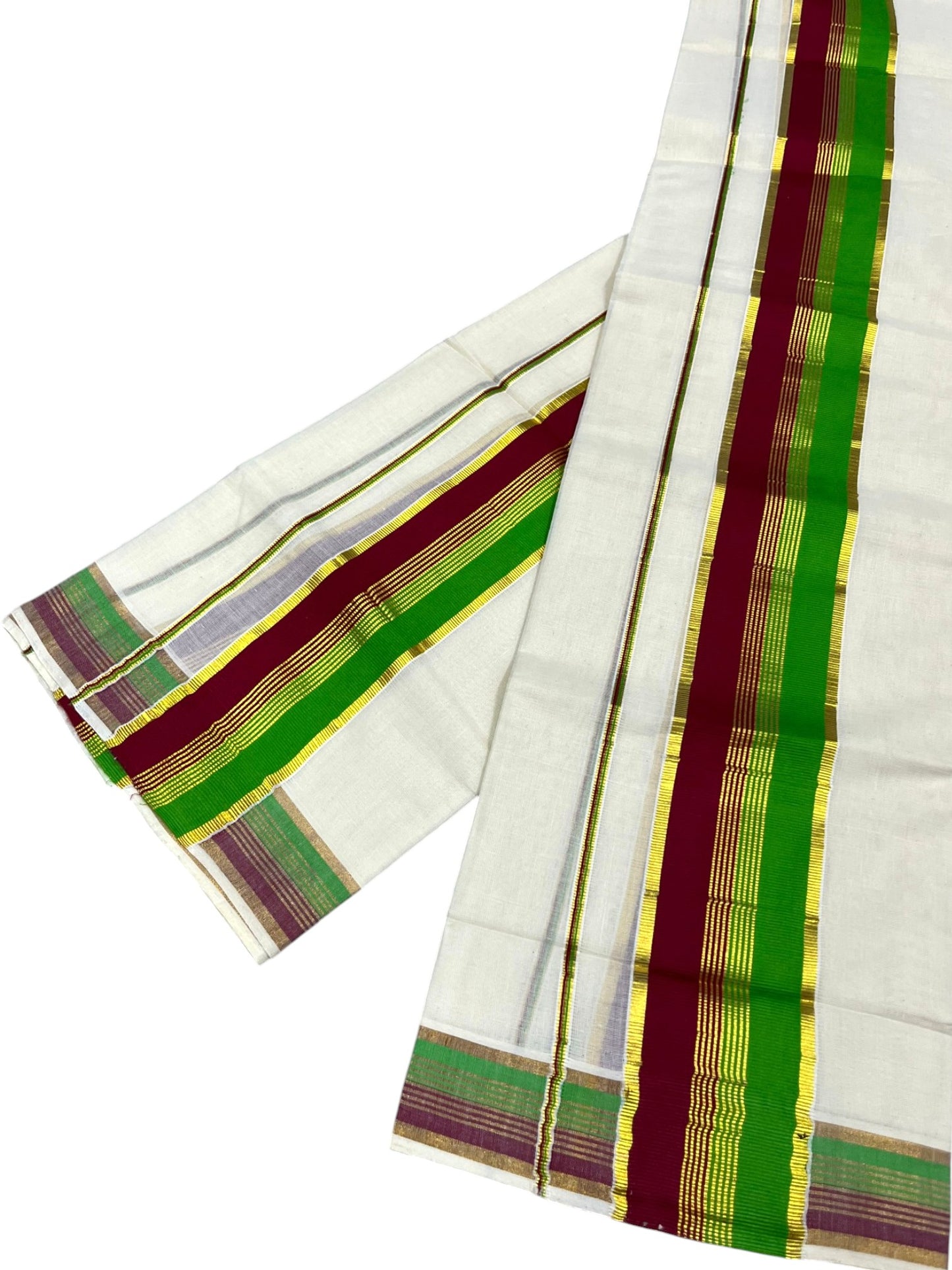 Southloom Kerala Cotton Kasavu Single Set Mundu (Mundum Neriyathum) with Green and Maroon Kasavu Border SLKK