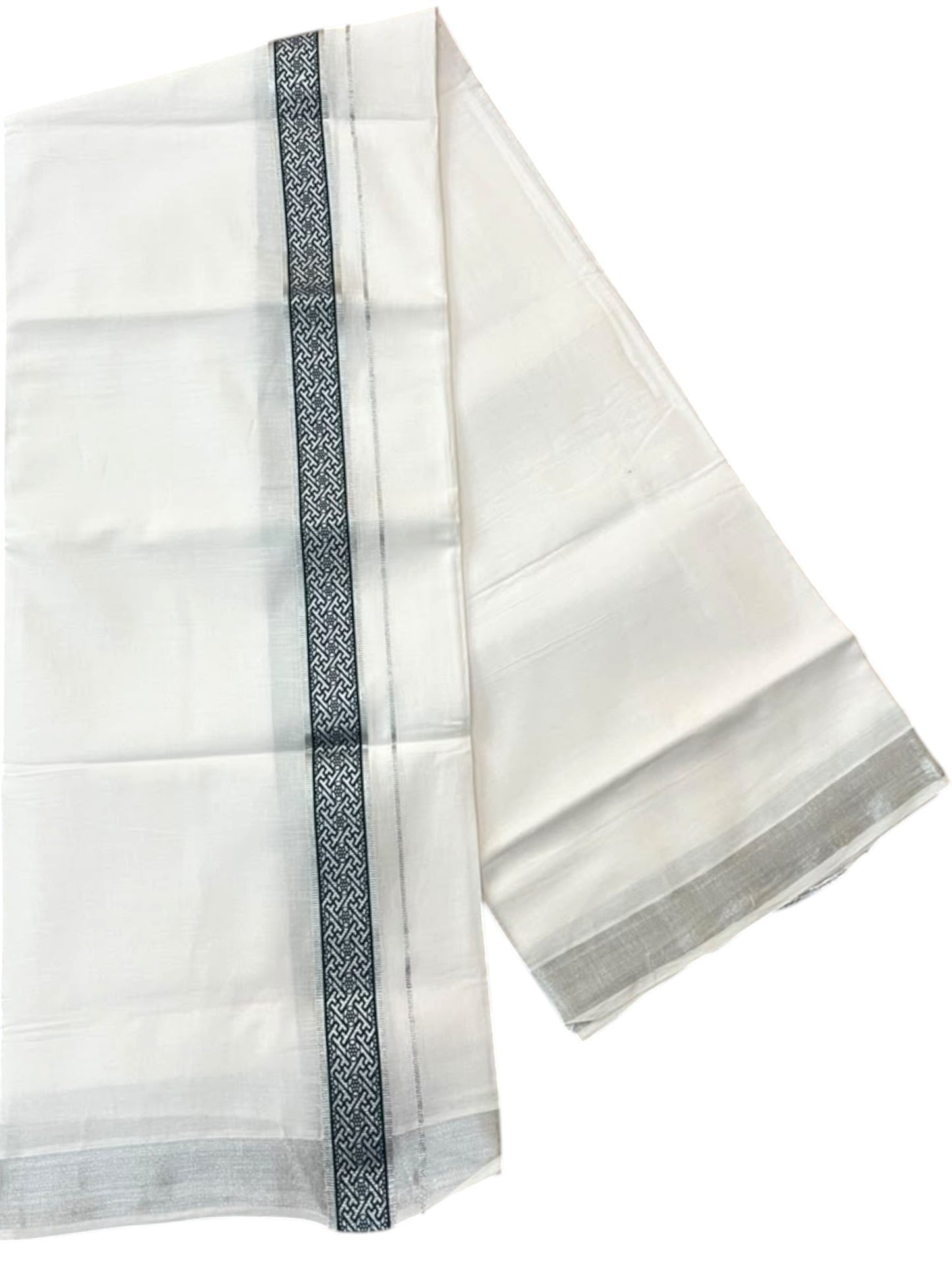 Southloom Pure White Cotton Mundu with Green and Silver Kasavu Border (South Indian Kerala Dhoti)