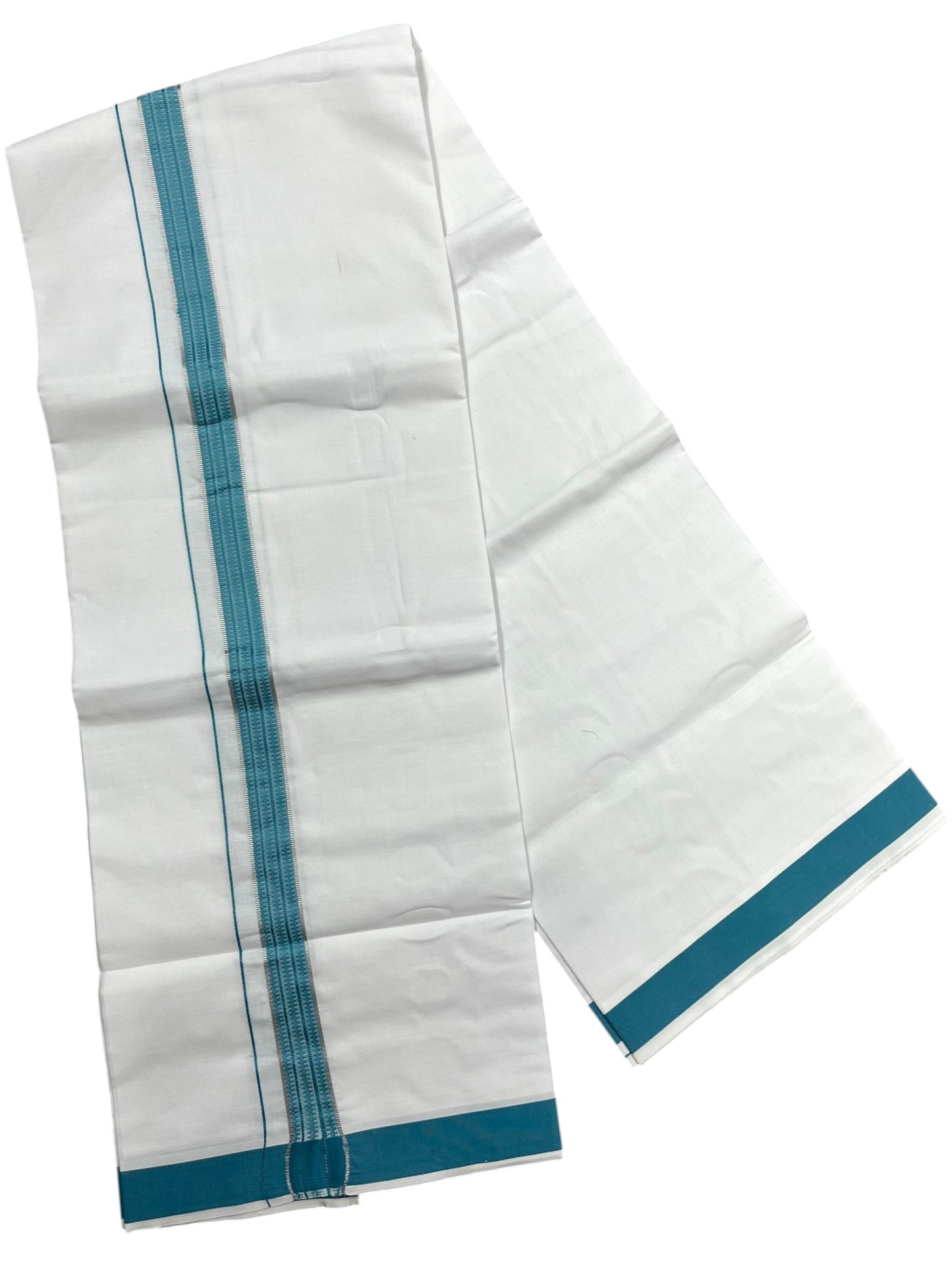 Southloom Pure White Cotton Mundu with Silver Line & Blue Border (South Indian Kerala Dhoti)