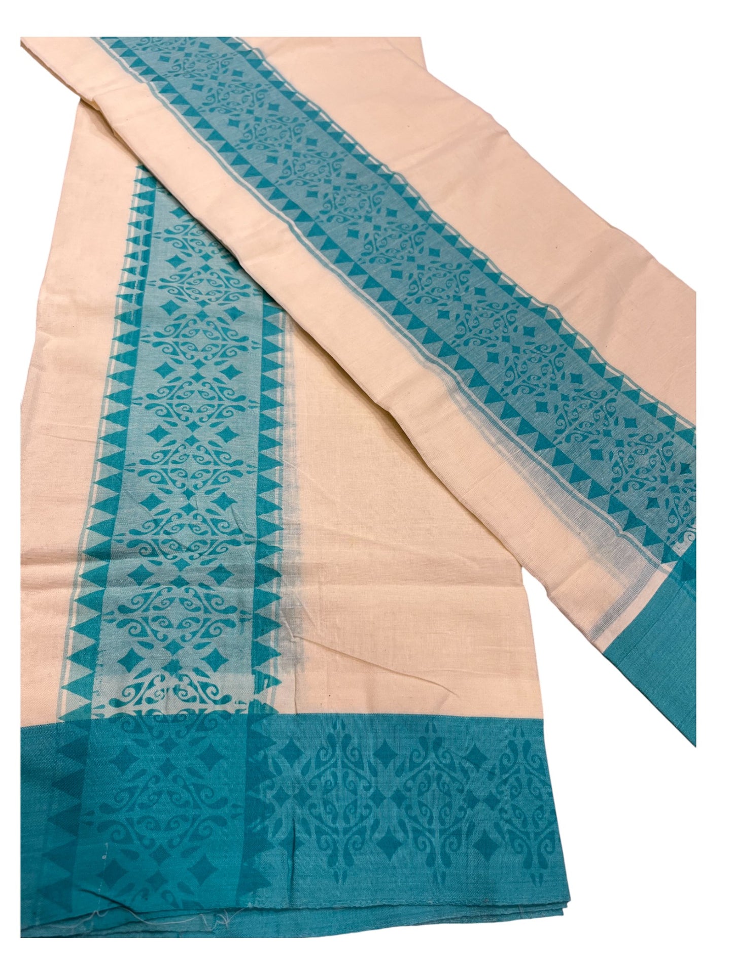 Kerala Cotton Single Set Mundu (Mundum Neriyathum) with Turquoise Temple Block printed Border in 2.80 Mtrs SL329
