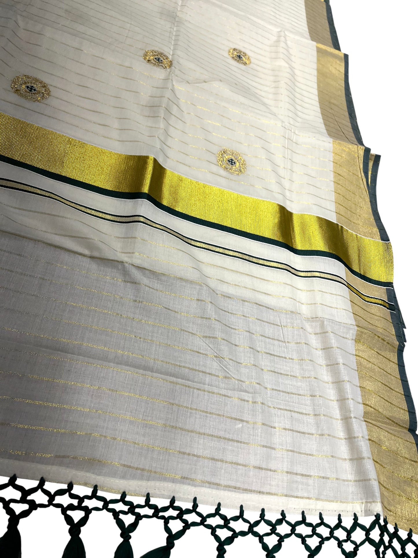 Kerala Cotton Kasavu Stripes Saree with Green Floral Embroidery Design on Body