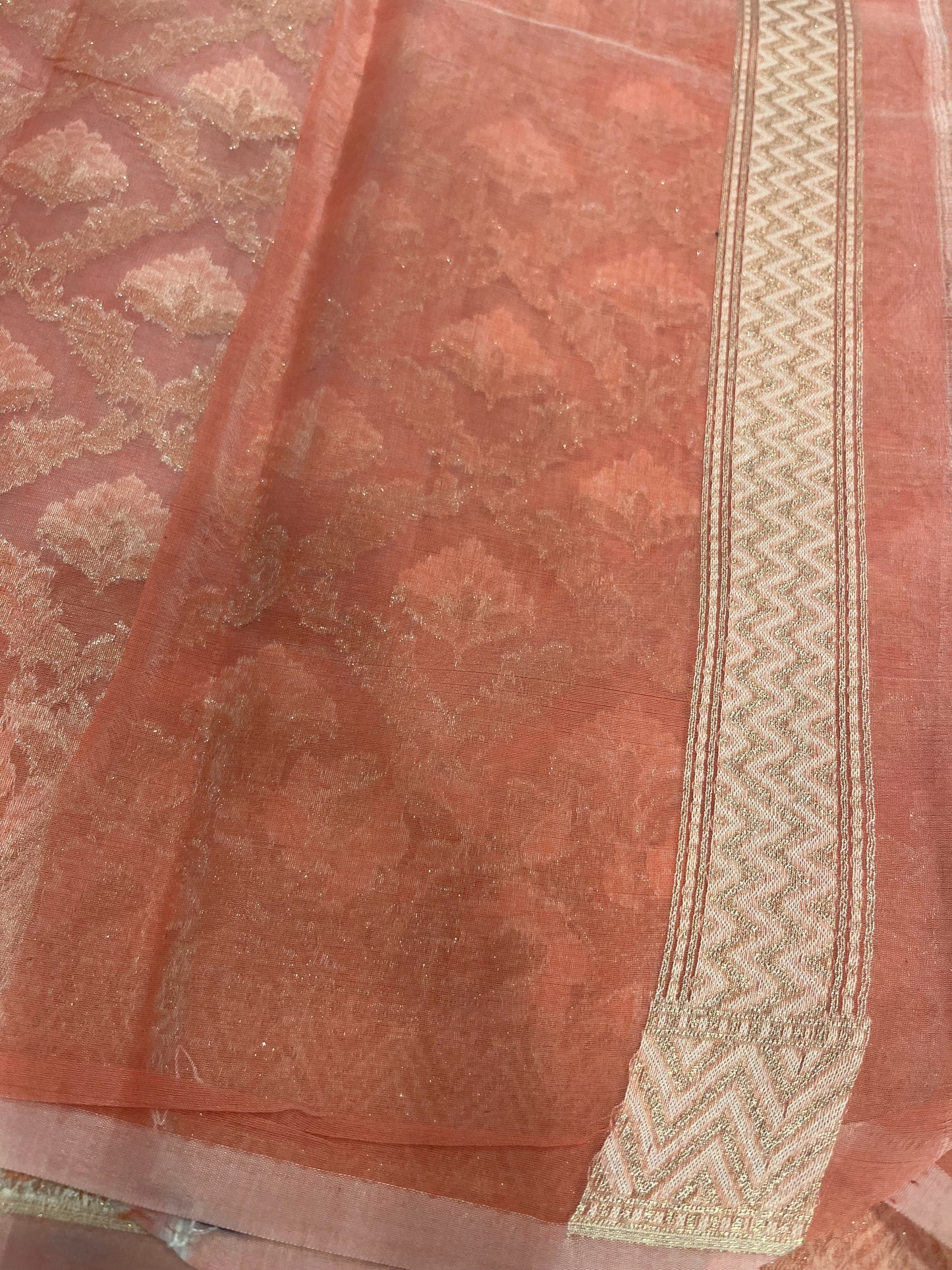 Southloom Cotton Banarasi Silk Saree with Woven Work on Body and Borders (Peach)