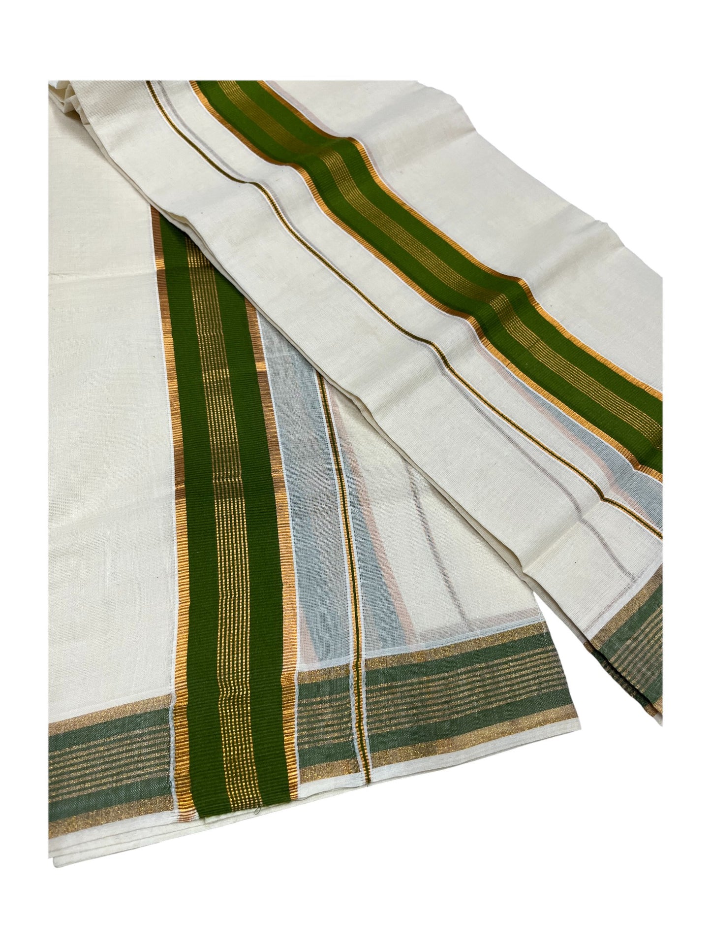 Kerala Cotton Kasavu Set Mundu (Mundum Neriyathum) with Green Border in 2.80 Mtrs