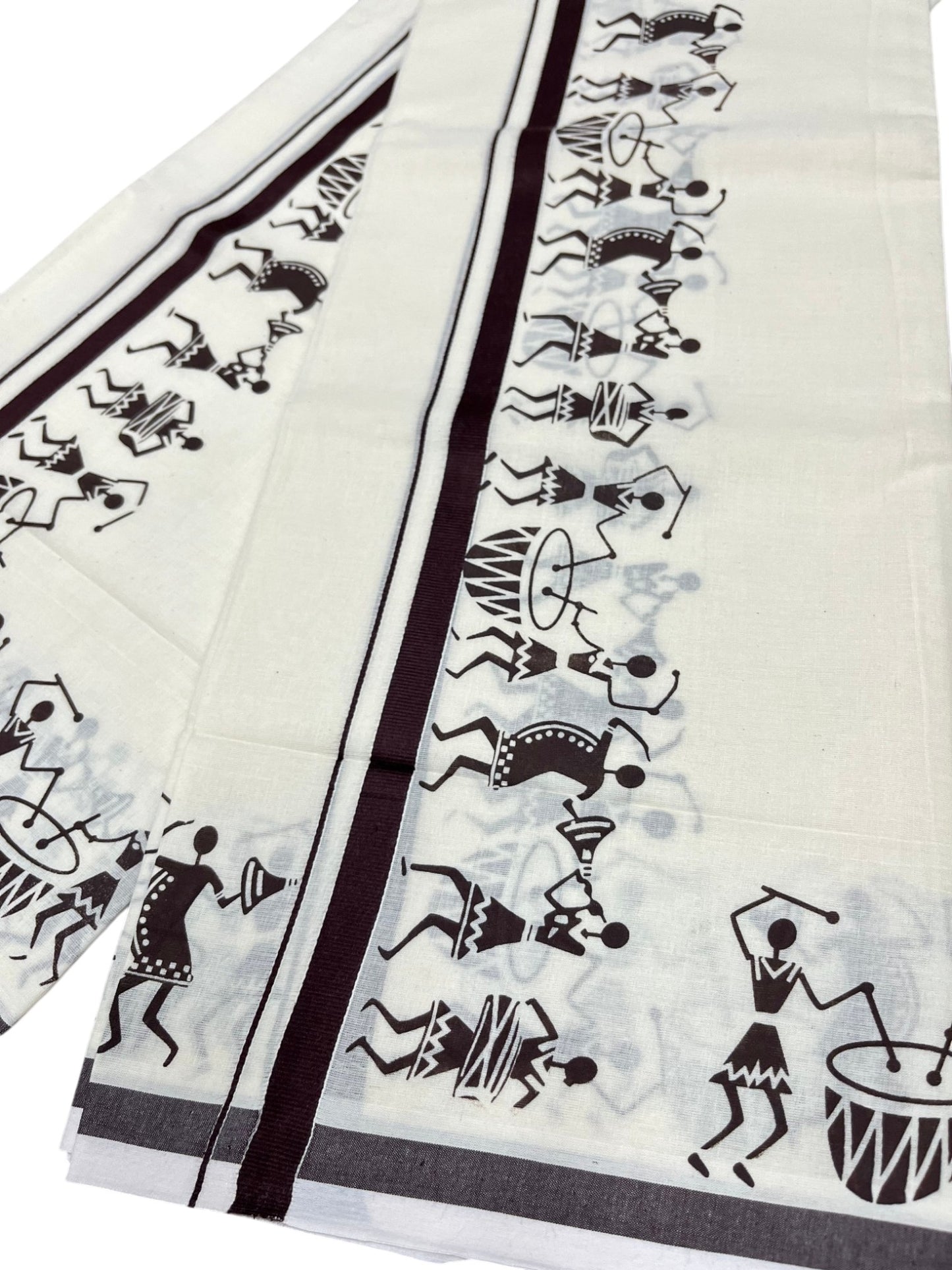 Southloom Pure Cotton Kerala Single Warly Print Set Mundu (Mundum Neriyathum) Brown Border in 2.50 mtrs SL246