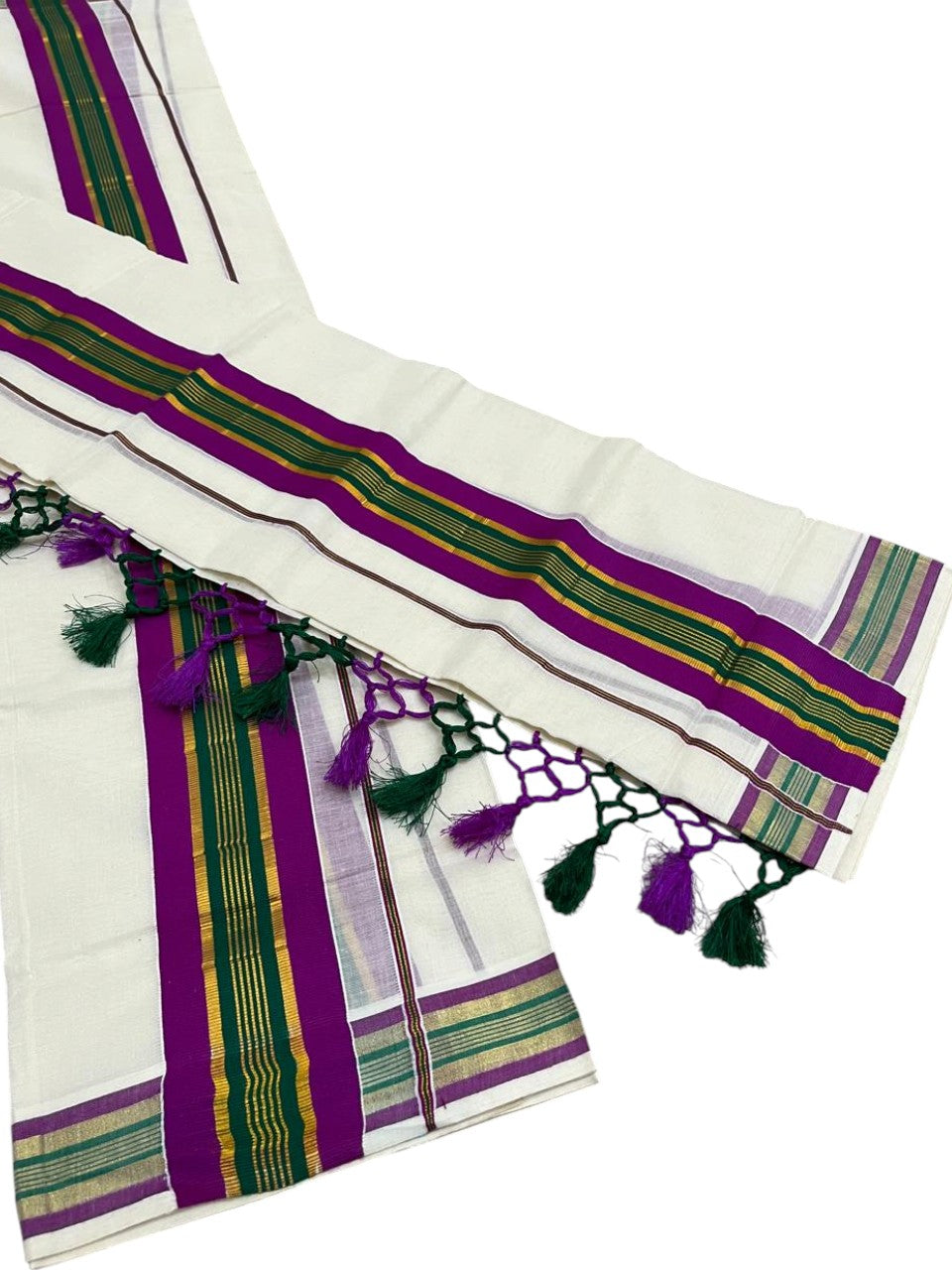 Southloom Kerala Cotton Kasavu Single Set Mundu (Mundum Neriyathum) with Magenta and Green Border SLKK SL518