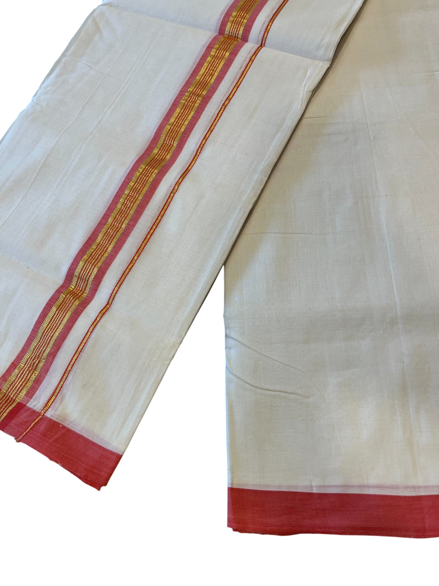 Southloom Premium Handloom Cotton Double Mundu with Gold and Red Border